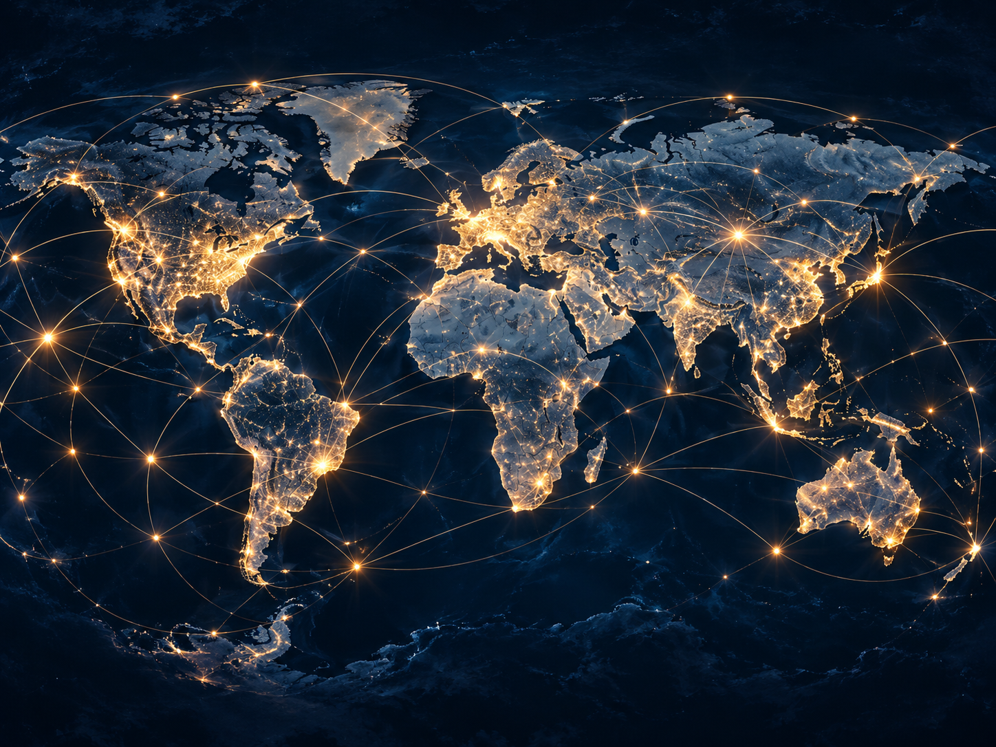 A world map glowing with connected network lights